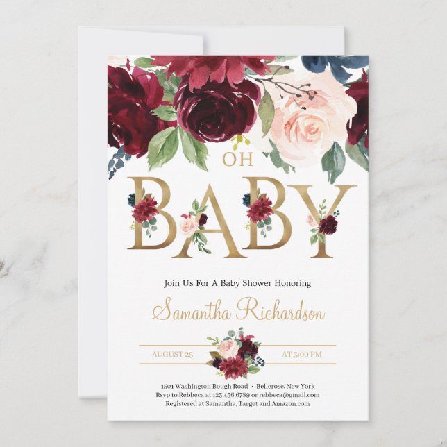 Deep Red Florals and Gold Foil Lettering Oh Baby Invitation (Front)