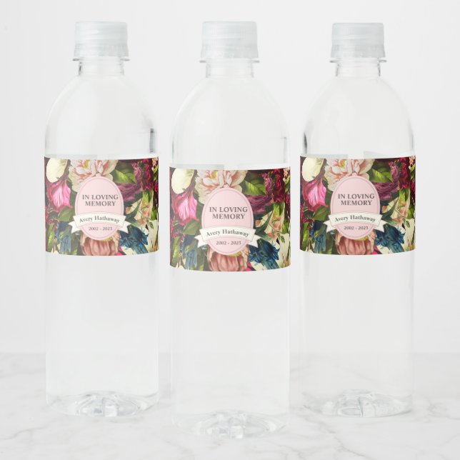 Deep Red Flower Bouquet Funeral Memorial Water Bottle Label (Bottles)