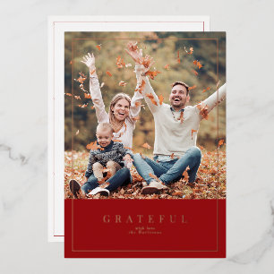 Deep red foil Thanksgiving family photo card