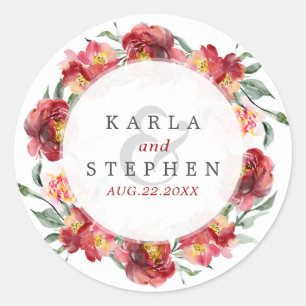 Deep-red Garden Flowers Wreath Classic Round Sticker