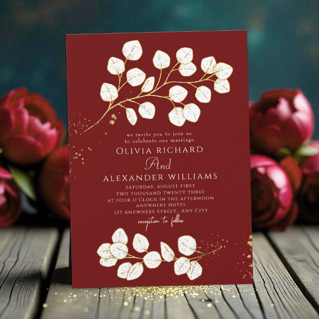 Deep Red Glod greenery Eucalyptus Wedding Invitation (Creator Uploaded)