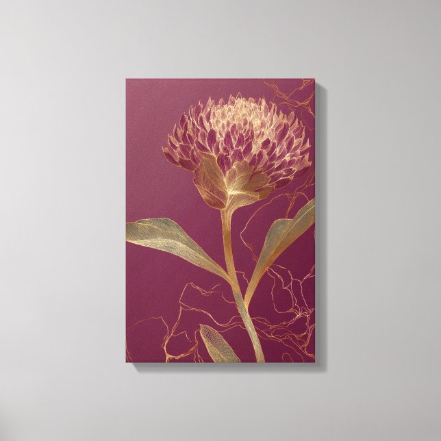 Deep Red Gold Botanical Flower Linework Canvas Print (Front)