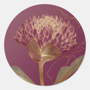 Deep Red Gold Botanical Flower Linework Classic Round Sticker
