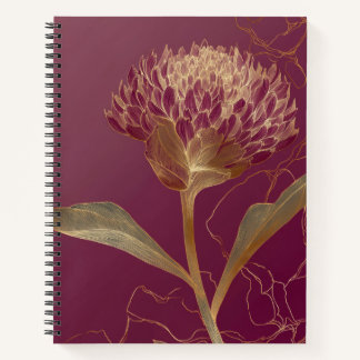 Deep Red Gold Botanical Flower Linework Notebook