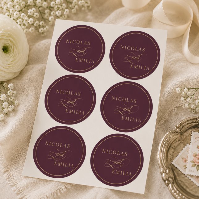 Deep Red Gold Elegant Calligraphy Wedding Classic Round Sticker (Creator Uploaded)