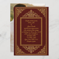 Deep Red & Gold Embossed Filigree Photo Invitation