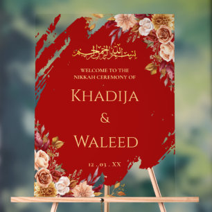 Deep Red & Gold Floral Muslim Nikkah Welcome Sign