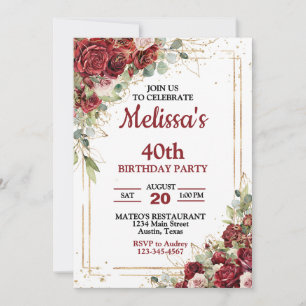 Deep Red & Gold Frame Roses Any Year Birthday Invitation