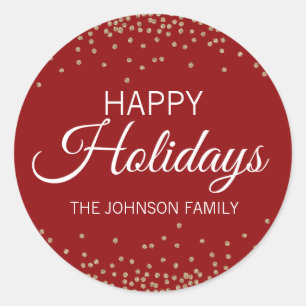 Deep RED Gold Glitter Confetti Happy HOLIDAYS Classic Round Sticker