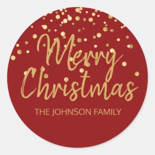 Deep RED Gold Glitter Confetti Merry Christmas Classic Round Sticker