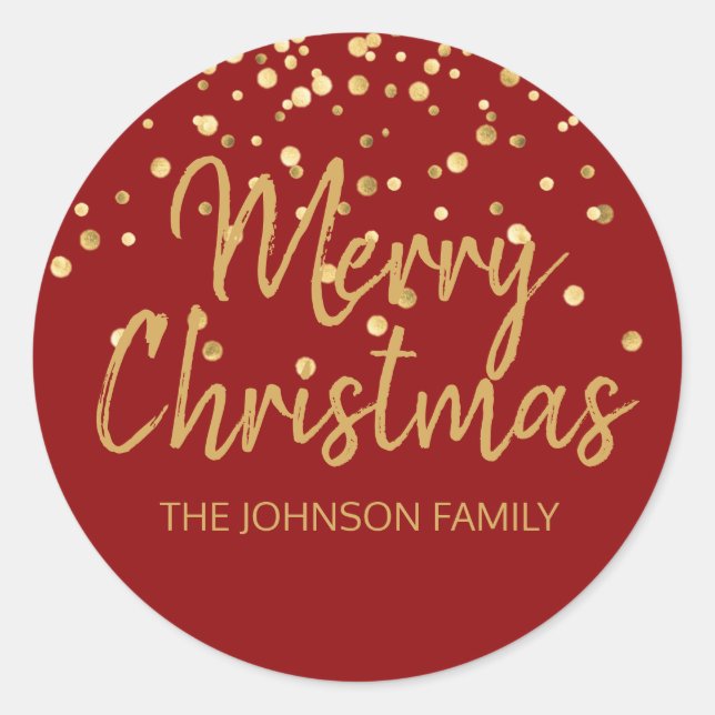 Deep RED Gold Glitter Confetti Merry Christmas Classic Round Sticker (Front)