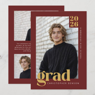 Deep Red Gold Modern Minimalist Photo Graduation Invitation