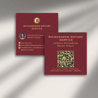 Deep Red Gold Monogram Elegant Notary QR Photo  Square Business Card