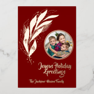 Deep Red Gold Watercolor Leaf Joyous Holiday 