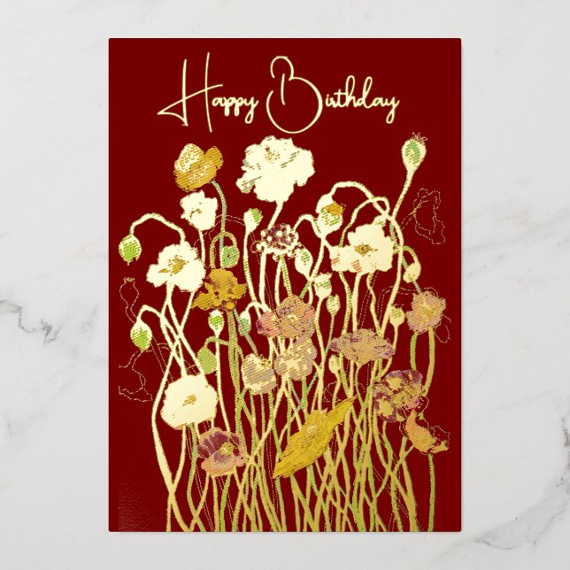 Deep Red & Gold Wild Poppy Watercolor Birthday (Front)
