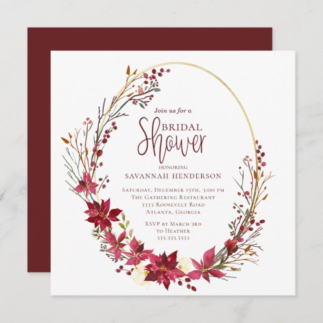 Deep Red Gold Winter Calligraphy Bridal Shower Invitation (Front/Back)