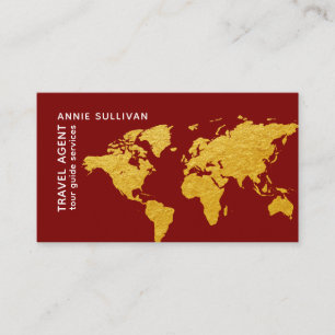 Deep Red Gold World Map Travel Agent Business Card