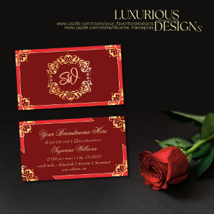Deep Red Golden Ornate with Monogram Sophisticated Business Card