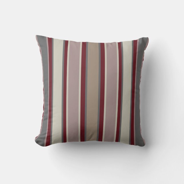 Deep Red, Gray Mauve beige Stripe Cushion 5 (Front)