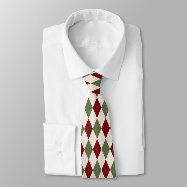 Deep Red & Green Christmas Argyle Necktie (Tied)