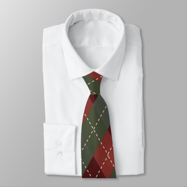 Deep Red & Green Christmas Argyle Necktie (Tied)