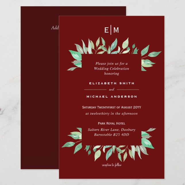 Deep Red Greenery Leaves Budget Wedding Invites A9 (Front/Back)