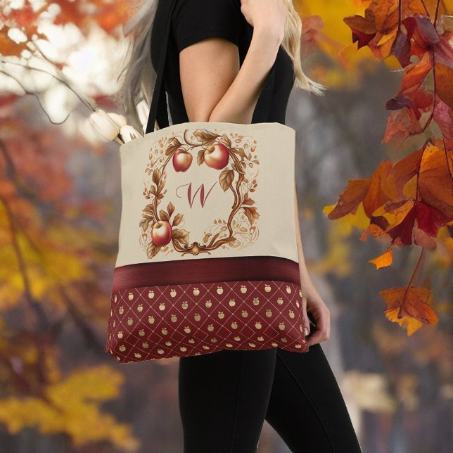 Deep Red How Bout Them Apples Autumn Monogram Tote Bag (Creator Uploaded)