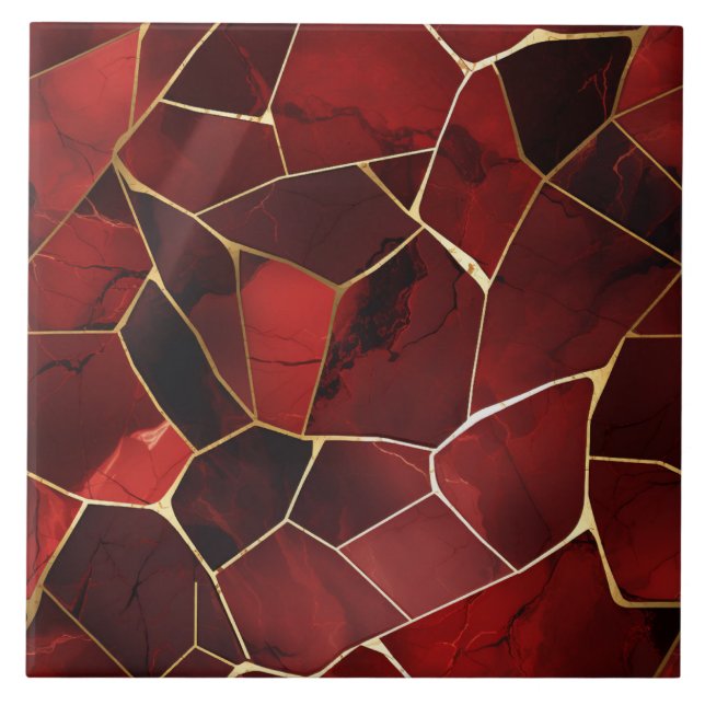 Deep Red Marble Mosaic with Gold Outlines Tile (Front)