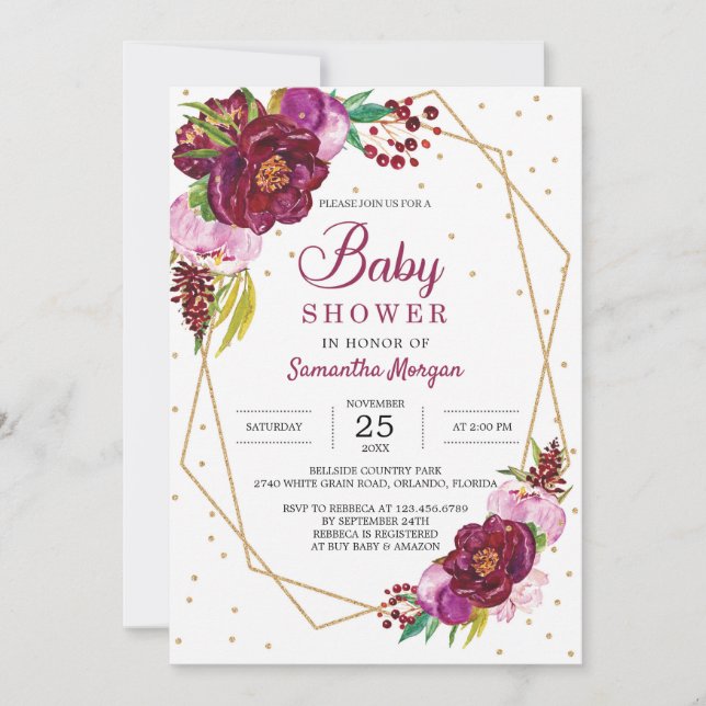 Deep red maroon bright pink gold boho baby shower invitation (Front)