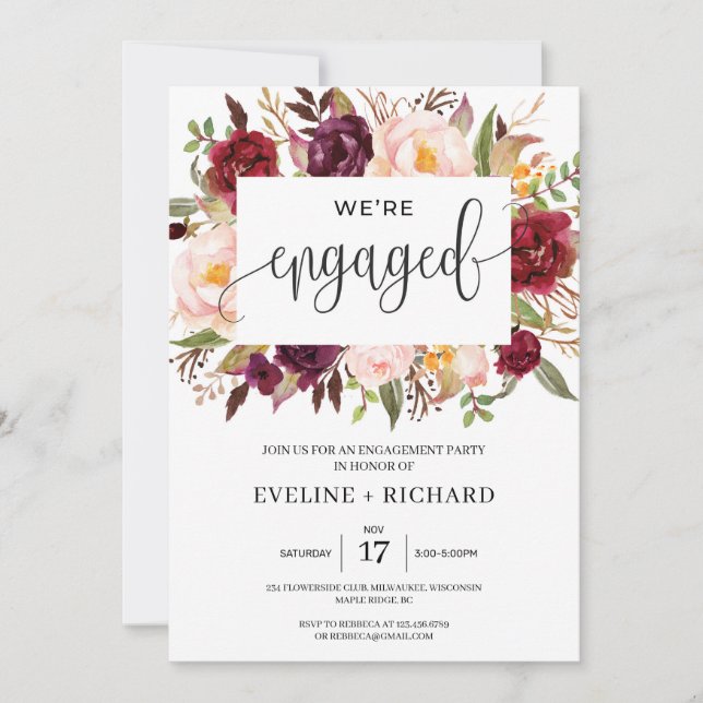 Deep red marsala blush pink floral engagement invitation (Front)