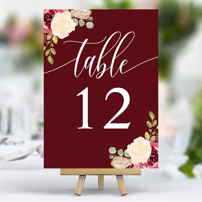 Deep Red Merlot Floral Calligraphy Wedding Table Number (Creator Uploaded)