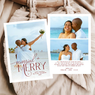 Deep Red Merry & Married Photo Newlyweds Christmas Holiday Card