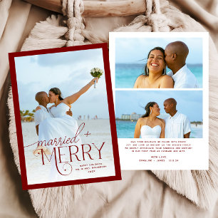 Deep Red Merry & Married Photo Newlyweds Christmas Holiday Card