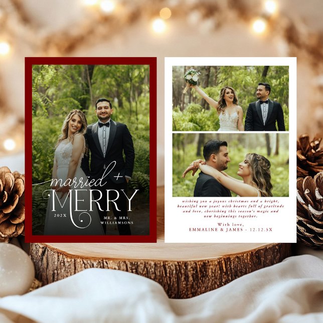 Deep Red Merry & Married Photo Newlyweds Christmas Holiday Card (Creator Uploaded)