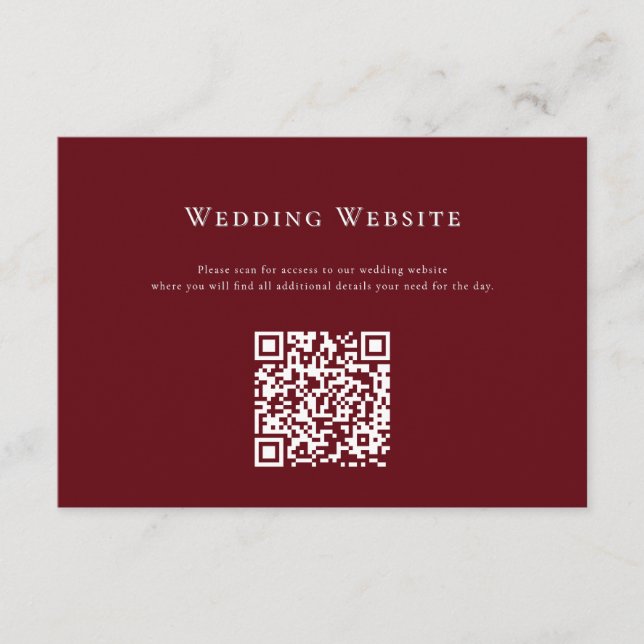 Deep Red Modern Wedding Website QR Code Card (Front)