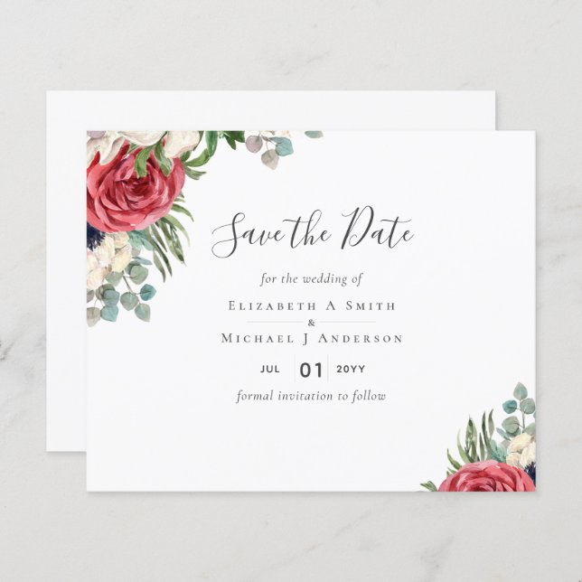 Deep Red Navy Floral Eucalyptus Greenery Wedding (Front/Back)