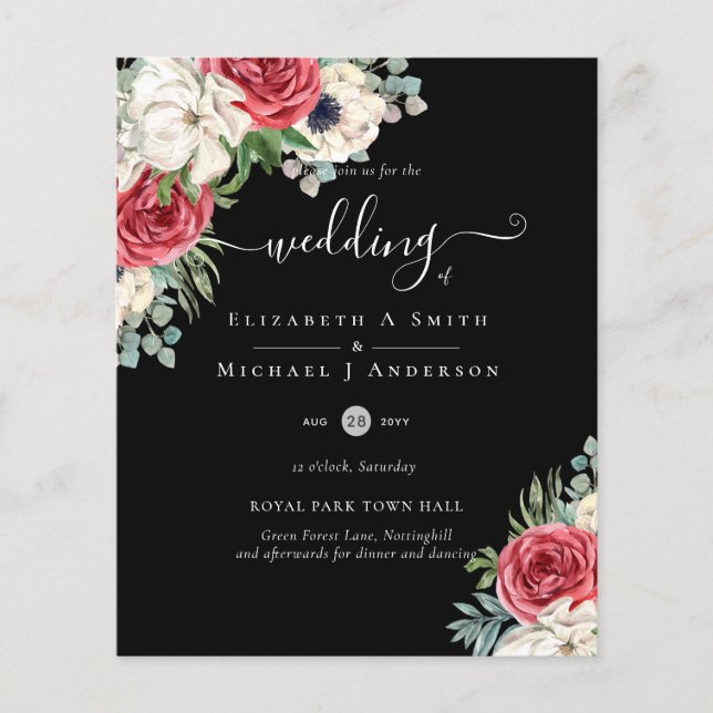 Deep Red Navy Floral Eucalyptus Greenery Wedding Flyer (Front)
