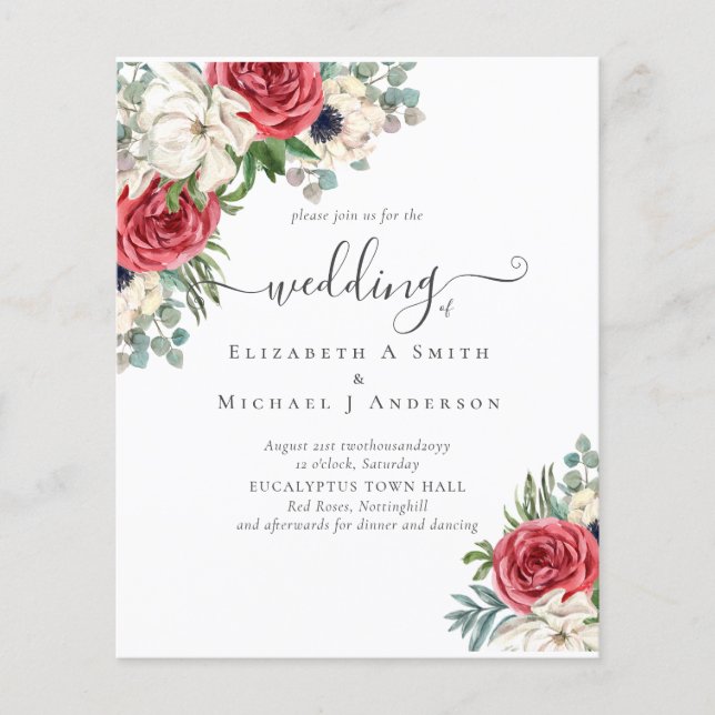 Deep Red Navy Floral Eucalyptus Greenery Wedding Flyer (Front)