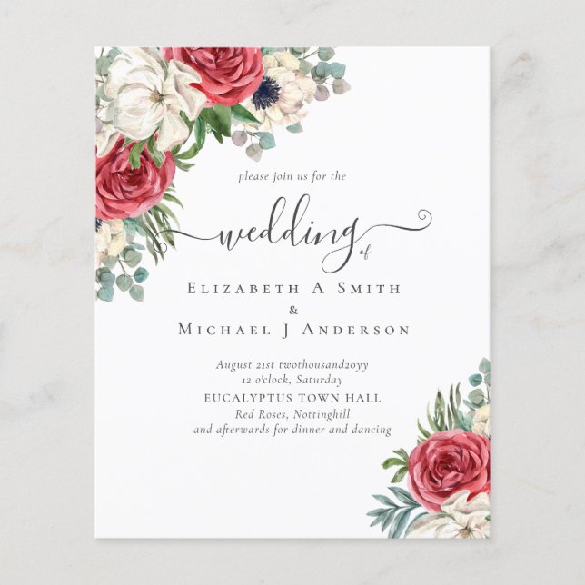 Deep Red Navy Floral Eucalyptus Greenery Wedding Flyer (Front)