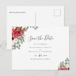 Deep Red Navy Floral Eucalyptus Greenery Wedding Postcard