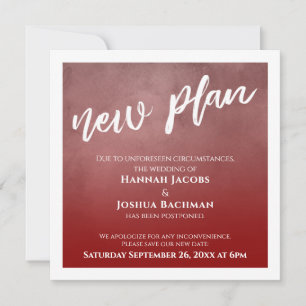 Deep Red Ombre Postponed Wedding New Plan Card