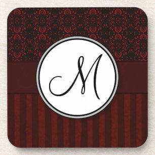 Deep Red on Black Damask and Stripes with Monogram Coaster