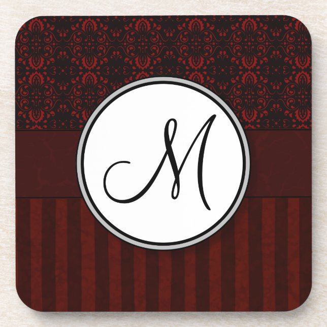 Deep Red on Black Damask and Stripes with Monogram Coaster (Front)