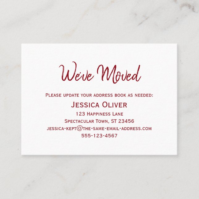 Deep Red on White "We've Moved" Card (Front)