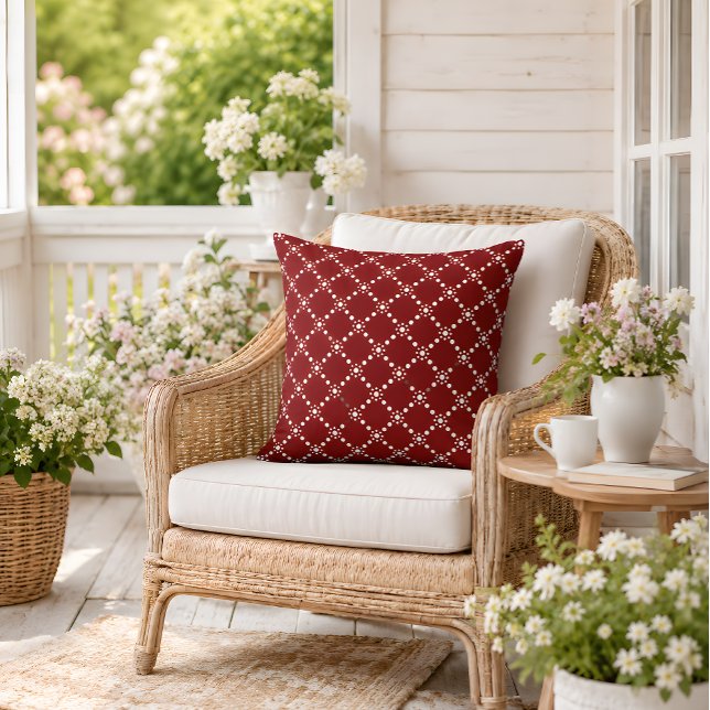 Deep Red Pillow with Elegant White Dotted Lattice  (Cozy porch styling with warm florals and timeless red accent pillow charm.)