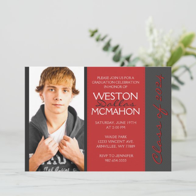 Deep Red & Pinstripe Grey Photo Graduation Invitation (Standing Front)