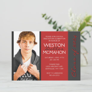 Deep Red & Pinstripe Grey Photo Graduation Invitation