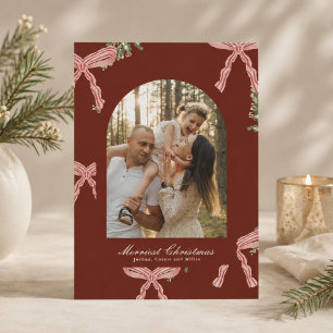 Deep Red Preppy Pink Bow Greenery Christmas Photo Holiday Card