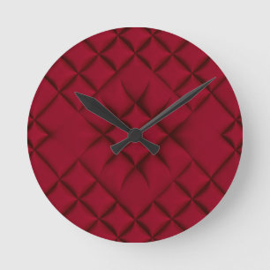 Deep Red Quilted Leather Pattern Round Clock