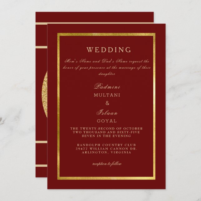 Deep Red Regal Gold Wedding  Invitation (Front/Back)